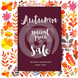 Hand drawn watercolor vector floral card. Autumn theme greeting card. Fall leaves. Perfect for wedding invitations