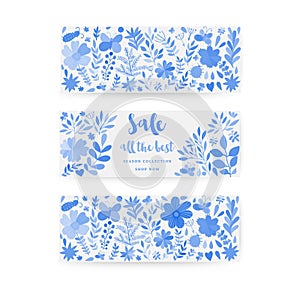 Hand drawn watercolor vector floral card. Blue winter theme greeting card. Fall leaves. Perfect for wedding invitations