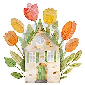 Hand-Drawn Watercolor Vector Illustration Of Cute Country House With Tulips