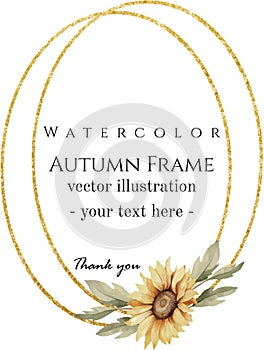 Hand drawn watercolor vector illustration. Oval double gold frames with sunflower and leaves. Greenery.