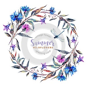 Hand drawn watercolor wildflower wreath