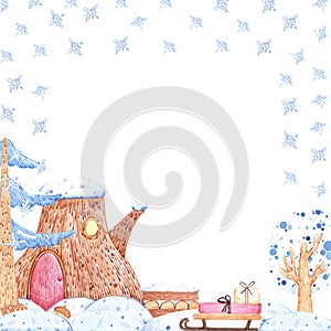 Hand drawn watercolor winter stump house in snowbanks frame border. Fairy illustration isolated on white background. Can be used