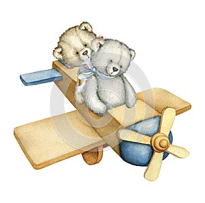 Hand drawn Watercolor Wooden Airplane with Teddy Bears