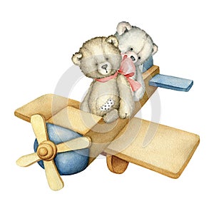 Hand drawn Watercolor Wooden Airplane with Teddy Bears