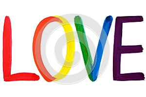 Hand drawn watercolor word LOVE in rainbow colors on white background isolated close up, handwritten letters LGBT pride flag color