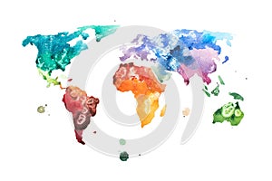 Hand drawn watercolor world map aquarelle illustration.