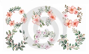 Hand drawn watercolor wreath with pink tropical exotic flowers and green leafs. Decorative elements for wedding