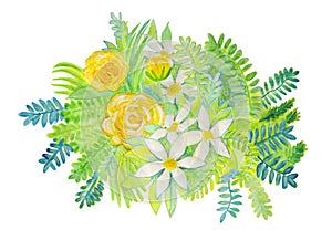 Hand drawn watercolor yellow roses with white daisies green leaves isolated on white background.