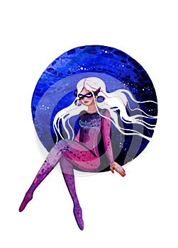 Hand drawn watercolor young girl on a background of a blue planet with stars.