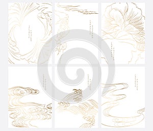 Hand drawn wave and flower decorations with Japanese background vector. Oriental template with gold line pattern in vintage style