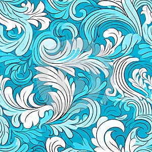 Hand drawn waves and curls seamless pattern on white and blue backgrounds, ideal for design and dcor