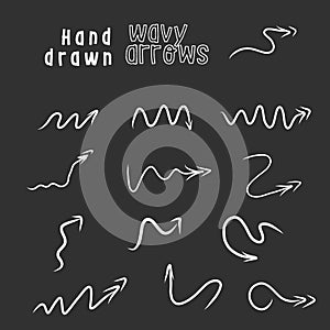 Hand drawn wavy arrow set, collection of pencil sketch symbols, vector illustration graphic design elements. Stock