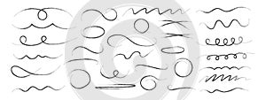 Hand drawn wavy, crossed out lines, circles and ovals. Decorative vector graphic elements. Black brush and pencil