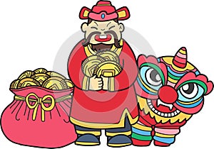 Hand Drawn Wealth God and Chinese Lion illustration