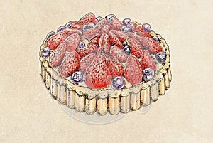 Hand drawn wedding cake with, strawberries,  illustration. Vintage style. photo