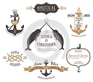 Hand drawn wedding invitation logo templates in nautical style.