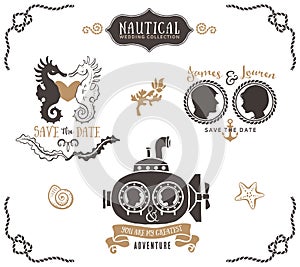 Hand drawn wedding invitation logo templates in nautical style.