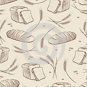 Hand drawn wheat and bread seamless pattern