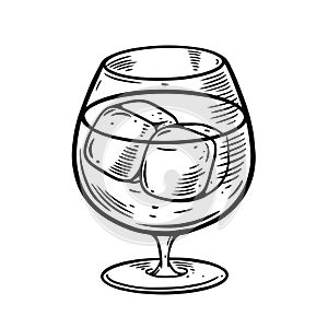 Hand drawn whiskey with ice cube. Vintage engraving style. Vector illustration clip art.