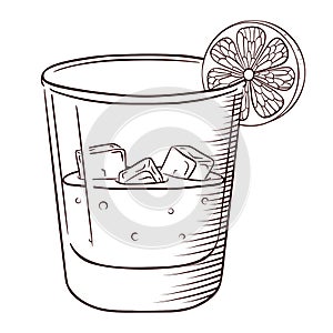 Hand Drawn Whiskey or Soda with Ice and Lemon Slice Isolated Black and White vintage Engraving. Vector illustration for