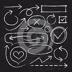 Hand drawn white chalk arrows, circle frames and sketch graphic elements on blackboard vector set