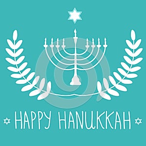 HHand Drawn White David Star Menorah Candle Holder Silhouette on Blue Background. Laurel Wreath. Happy Hanukkah Hand Lettering