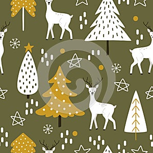 Hand-drawn white deer with Christmas trees and abstract decor in Scandinavian style.