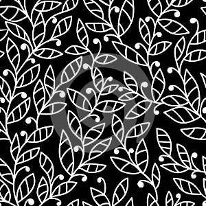 Hand drawn white leaf with simple decor on black background. Seamless doodle floral pattern.