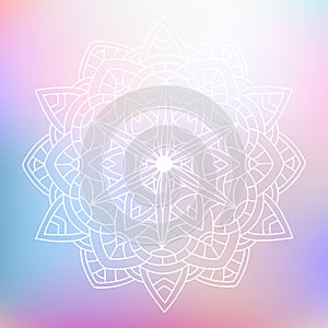 Hand drawn white ornament mandala with floral elements on pastel multi color gradient background. Beautiful vintage colorful