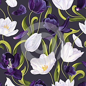 Hand-drawn white, purple realistic tulips flowers and green leaves seamless pattern on dark background.