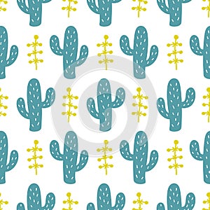 Hand drawn wild cactus flowers seamless pattern