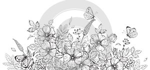 Hand Drawn Wild Flowers, Dog-Rose and Butterflies