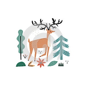 Hand drawn wild forest hoofed animal with horns. Deer, trees, plants, flower isolated on white background