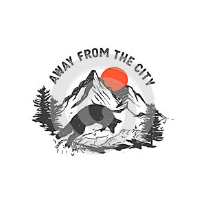 Hand drawn wilderness badge with mountain landscape and inspiring lettering