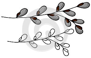 Hand drawn willow branch, symbol of Happy Easter, vector ink sketch illustration isolated on white