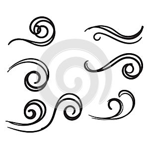 Hand drawn wind doodle blow, gust design isolated on white background