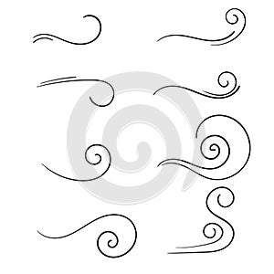 Hand drawn wind doodle blow, gust design isolated on white background