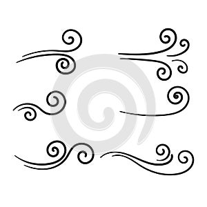 Hand drawn wind doodle blow, gust design isolated on white background