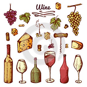 Hand drawn wine elements. Set of vector icons: bottle, cheese, grapes, wineglass and etc