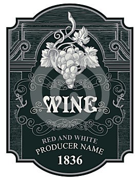 Hand drawn wine label with a bunch of grapes