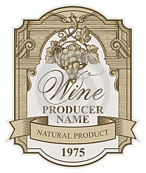 Hand drawn wine label with a bunch of grapes