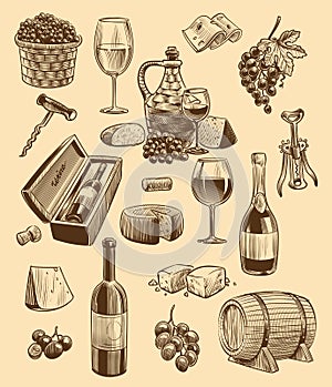 Hand drawn wine set. Engraving images of bottle and wineglasses, bunch of grapes and sliced cheese, corkscrew and wooden