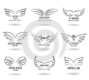 Hand drawn wings logo set. Vector doodle winged icons