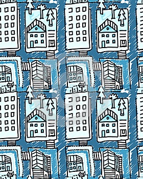 Hand drawn winter city seamless pattern. Cute town map wallpaper