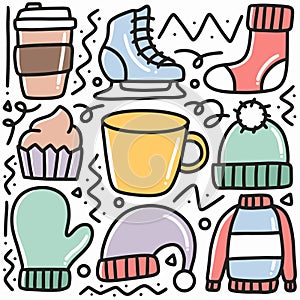 hand drawn winter clothes collection doodle set