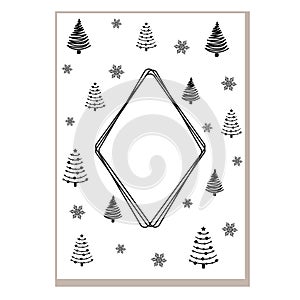 Hand drawn winter holidays card. Merry Christmas card with floral ornaments, New Year tree and snowflakes frame. Xmas greeting or