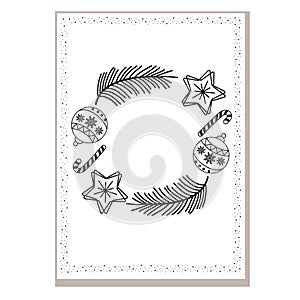 Hand drawn winter holidays card. Merry Christmas card with floral ornaments, New Year tree and snowflakes frame. Xmas greeting or