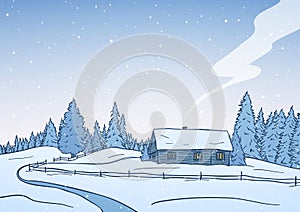 Hand drawn winter landscape with small house in pine forest. Christmas postcard.