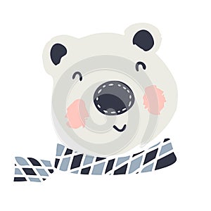 Hand drawn winter polar bear in a checkered scarf. Perfect for T-shirt, textile and prints.