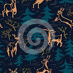 Hand drawn winter seamless pattern with deer and pine trees in d